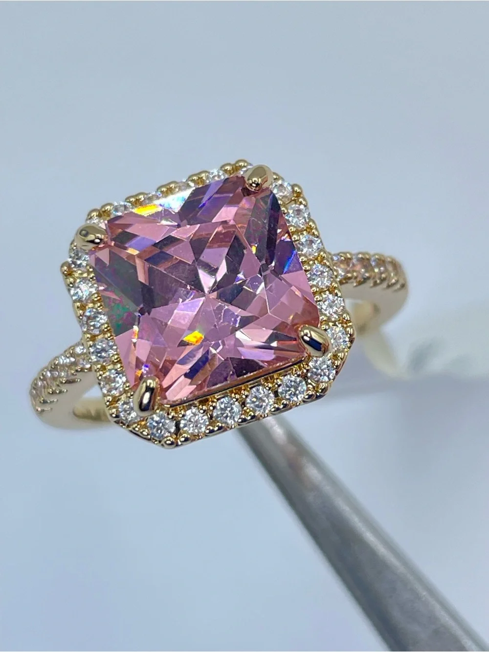 Swarovski Crystal Elements Pink Princess Cut Halo Art Deco Statement Ring Size 9